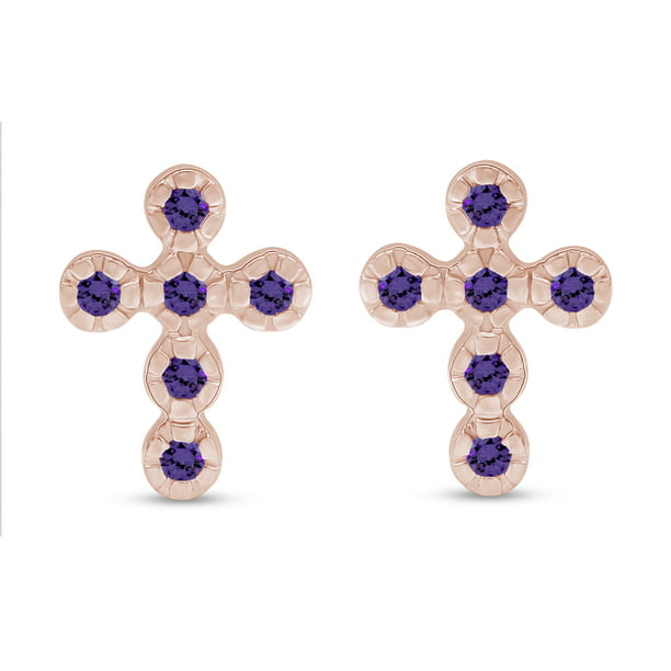 14k Rose Gold Over Sterling Silver Round Simulated Amethyst Bezel Set Stud Earrings 